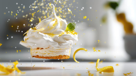 A captivating lemon meringue dessert appears to float in the air, adorned with lemon zest and a splash of sugar, creating a playful and vibrant culinary scene.の素材