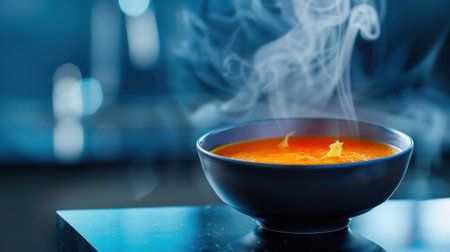 A steaming bowl of vibrant orange soup sits invitingly on a dark countertop, with wisps of steam rising, creating a cozy culinary scene. Perfect for food lovers.の素材