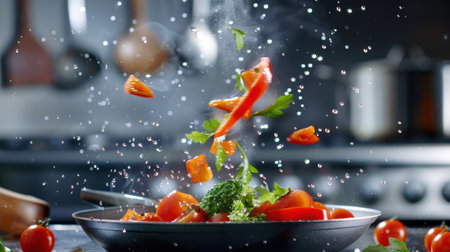 Dynamic scene featuring vibrant vegetables splashing above a black pan, showcasing the excitement and artistry of cooking in a modern kitchen environment.の素材