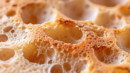 This close-up image captures the unique texture of a slice of airy bread, highlighting its soft crust, golden hue, and intricate bubble formation.の素材