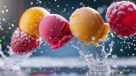 Delight in the vibrant scene of colorful ice cream scoops splashing into water, perfect for evoking feelings of joy, summer fun, and sweet indulgence.の素材
