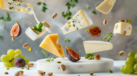 A vibrant and artistic arrangement featuring assorted cheeses, figs, nuts, and herbs, designed to excite food enthusiasts and inspire culinary creativity.の素材