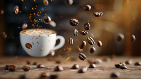 A captivating image of a coffee cup capturing an espresso splash, surrounded by falling coffee beans on a rustic wooden table, invoking warmth and comfort.の素材