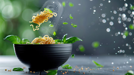 A dynamic image showcasing steaming noodles being lifted from a bowl, surrounded by fresh basil leaves and spices, creating an enticing and vibrant scene.の素材