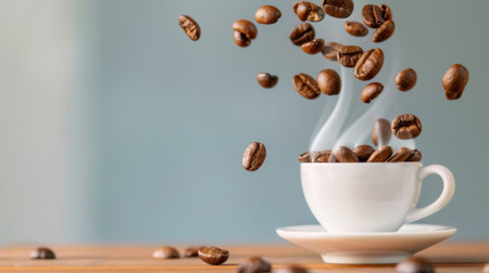 A captivating image of freshly roasted coffee beans floating above a white cup, with steam rising, evoking a sense of warmth and comfort in a cozy atmosphere.の素材