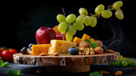 A visually stunning fruit and cheese platter featuring vibrant grapes, strawberries, and assorted nuts artistically arranged on a rustic wooden board.の素材