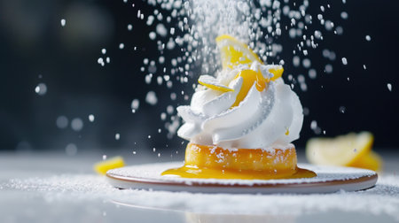 A stunning lemon tart crowned with delicate whipped cream and a sprinkle of sugar, showcasing elegant food styling and vibrant flavors.の素材