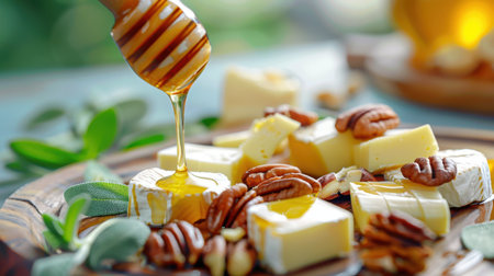 A close-up view of a wooden platter showcasing assorted round cheeses, drizzled with honey and complemented by crunchy pecans, perfect for gourmet gatherings.の素材