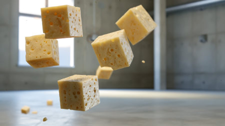 This visually striking image features floating yellow cheese cubes in an industrial environment, showcasing unique textures and a modern aesthetic.の素材