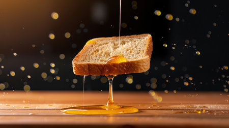 A beautifully captured slice of bread drenched in golden honey, creating an inviting and delicious scene for food lovers and culinary enthusiasts.の素材