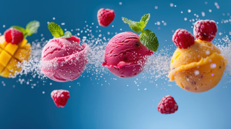 Delight in this vibrant image of colorful ice cream scoops, each topped with fresh berries and mint, set against a bright blue background. Perfect for summer.の素材
