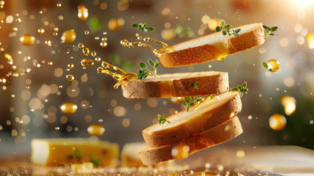 Captivating image of floating bread slices drizzled with honey and garnished with fresh herbs. A dynamic splash effect adds energy and appeal.の素材
