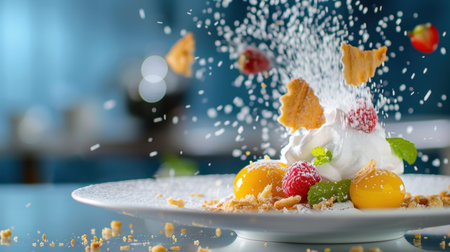 A beautifully plated dessert featuring light whipped cream, fresh fruits like raspberries and mint, topped with a sprinkling of sugar and crushed cookies.の素材