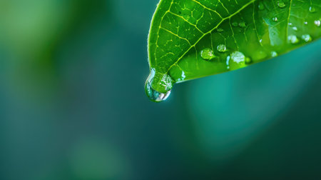 This close-up image features a refreshing water droplet hanging on a leaf, showcasing the intricate details of the leaf's texture and its vibrant green color.の素材