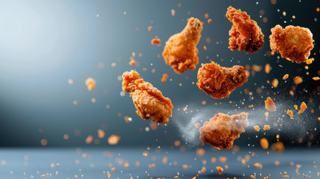This dynamic image captures crispy fried chicken wings in mid-air, surrounded by seasoning sprinkles, presenting a mouthwatering culinary experience.の素材