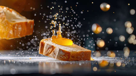 A captivating image of honey splashing onto a slice of fresh bread, showcasing vibrant droplets and textures, perfect for food lovers and culinary inspiration.の素材