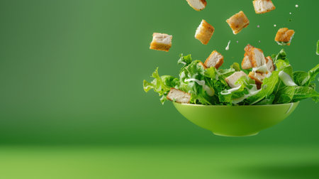A vibrant display of a fresh salad with croutons dramatically falling into a green bowl, set against a lively green backdrop, highlighting a healthy meal.の素材