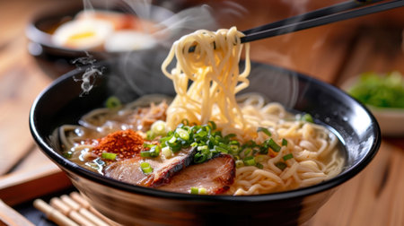 A steaming bowl of ramen featuring delicate noodles, tender sliced meat, and fresh herbs creates an inviting and delectable dining experience.の素材