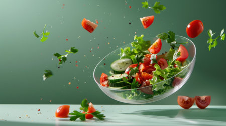 A dynamic image of fresh salad ingredients flying in mid-air, showcasing vibrant colors and freshness, ideal for healthy meal inspiration and culinary creativity.の素材
