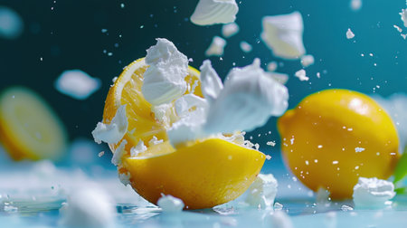 This striking image captures a fresh lemon sliced open, creating a dynamic explosion of creamy texture set against a vibrant blue background.の素材