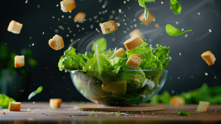 This dynamic image showcases the action of preparing a fresh salad, with croutons and green leaves flying into a bowl, emphasizing healthy culinary practices.の素材