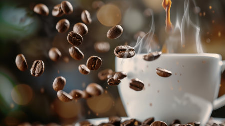 This captivating image features coffee beans elegantly floating above a steaming cup, capturing the essence of warmth and comfort in a cozy atmosphere.の素材