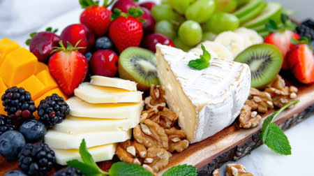 A vibrant charcuterie board featuring an array of fresh fruits, assorted cheeses, nuts, and green herbs, creating an inviting and festive spread.の素材