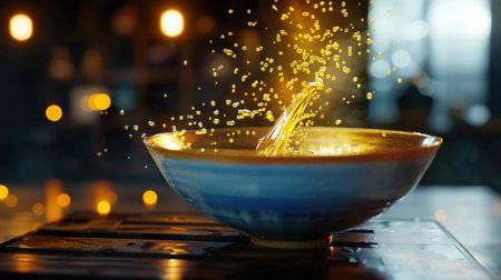 An artistic image of water droplets splashing from a beautifully crafted ceramic bowl. Soft bokeh lighting creates a warm and inviting atmosphere.の素材