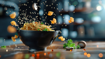 A visually stunning presentation of a noodle dish exploding with fresh ingredients and garnishes, showcasing culinary artistry and vibrant colors in a cozy kitchen setting.の素材
