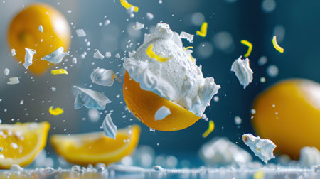 A captivating scene showcasing the dynamic interplay of creamy textures and vibrant lemons, creating an artistic explosion that captures the essence of culinary creativity.の素材