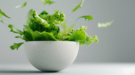 Fresh and vibrant lettuce leaves splash enthusiastically in a minimalist white bowl, creating a dynamic scene perfect for healthy cooking and nutrition themes.の素材