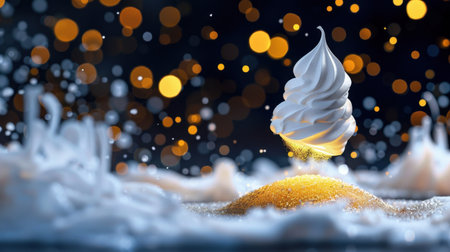 This image features a whimsical swirl of ice cream hovering above sparkling sugar, creating a magical dessert scene filled with bokeh lights.の素材