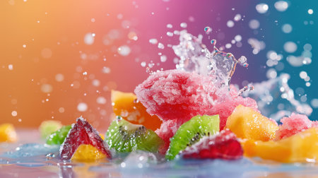 A stunning close-up of mixed fresh fruits and colorful ice creating a beautiful splash in water, perfect for summer-themed food photography.の素材