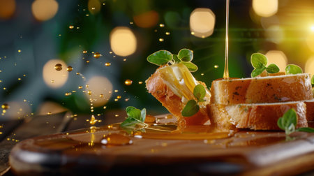 A mouthwatering close-up of fresh bread slices topped with honey drizzling elegantly, surrounded by greenery and warm bokeh lights, creating a cozy atmosphere.の素材