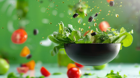 A dynamic image showing fresh vegetables, greens, and ingredients floating above a black bowl, creating a colorful display perfect for healthy cooking and nutrition.の素材