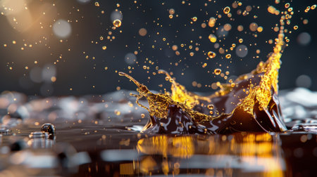 Captivating image of a liquid splash, showcasing glimmering drops against a dark background. The dynamic motion and vibrant colors create a stunning visual effect, highlighting the beauty of liquid and texture.の素材