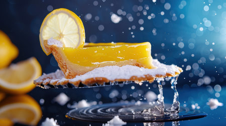 A vibrant lemon tart garnished with a fresh lemon slice and dusted with powdered sugar rests on a reflective surface, surrounded by splashes of droplets.の素材