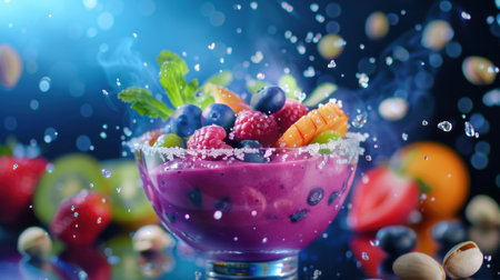 This stunning image features a vibrant fruit salad overflowing with fresh berries and mint leaves, beautifully displayed in a glass bowl with splashes of water.の素材