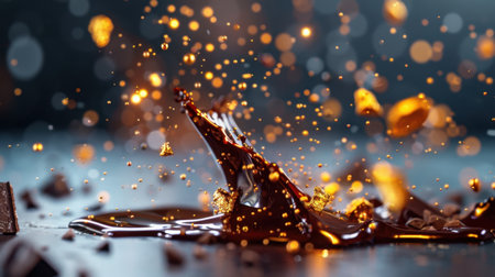 A mesmerizing image capturing a dynamic splash of rich chocolate with glowing bokeh particles, showcasing texture and movement in a culinary setting.の素材