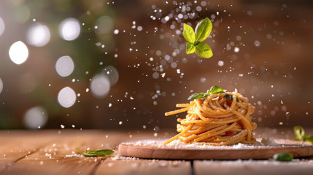 A mouth-watering plate of freshly cooked pasta garnished with basil leaves surrounded by falling ingredients, presented beautifully on a rustic wooden table.の素材