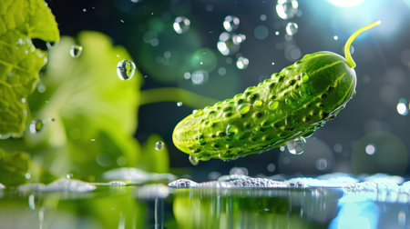 A vibrant cucumber splashes into clear water, creating dynamic droplets, capturing the essence of freshness and healthy nutrition in a bright natural setting.の素材
