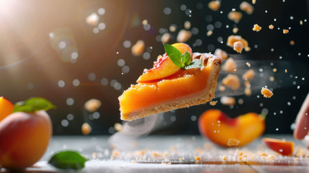 A stunning slice of peach pie hovers mid-air surrounded by crumbs and mint leaves, capturing the essence of summer desserts. The vibrant colors and textures invite indulgence.の素材