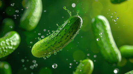 A vibrant image showcasing fresh green cucumbers splashing in water, surrounded by bubbles. Ideal for health-related themes, food design, and nutrition.の素材