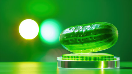 A fresh green cucumber elegantly displayed on a glossy base, with a vibrant colorful background, perfect for healthy food photography and innovative culinary presentations.の素材