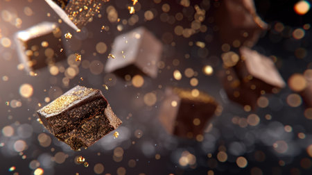 A captivating image showcasing floating chocolate cubes with a sparkling bokeh effect in the background, creating a sense of allure and indulgence.の素材