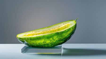 A visually striking image of a fresh green sliced cucumber placed on a transparent stand, highlighting its shiny texture and vibrant color against a soft background, perfect for culinary and healthy living themes.の素材