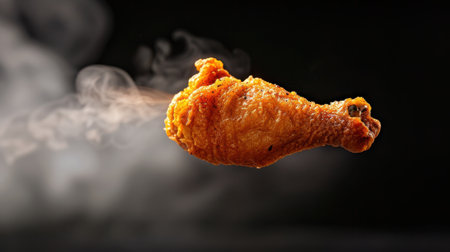 A tantalizing fried chicken drumstick hovers amidst wisps of aromatic smoke, showcasing its golden crispy skin and juicy tenderness against a dark background.の素材