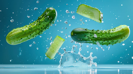Dynamic image of fresh cucumbers splashing in clear water, highlighting their vibrant green color against a soft blue background, ideal for health and culinary themes.の素材