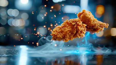 Eye-catching image of floating crispy fried chicken pieces surrounded by dynamic smoke and bokeh effects, creating an appetizing urban atmosphere.の素材