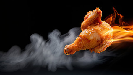 A stunning image of a crispy fried chicken wing soaring amidst flames and smoke against a black backdrop, perfect for food enthusiasts and culinary art.の素材